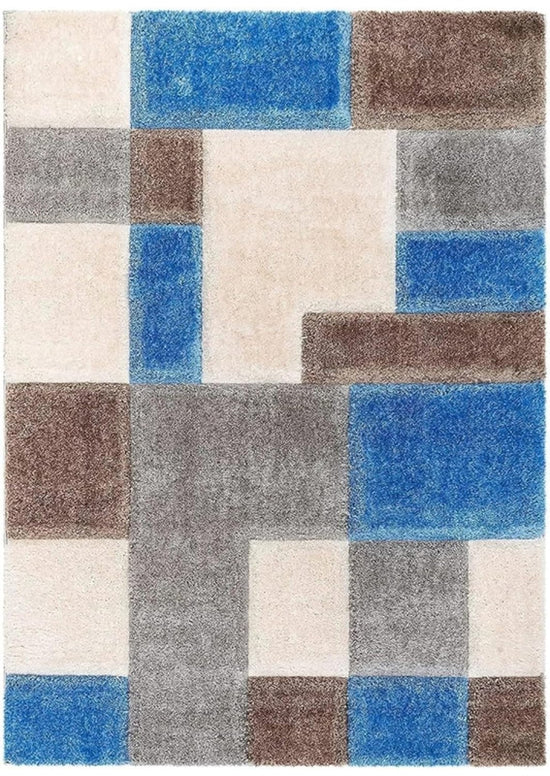 Blue Grey & Brown Geometric Block Shaggy Carpet